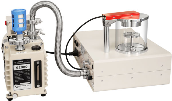 Premium Dual Stage, Rotary Vane Vacuum Pump connected to a Cressington Coater