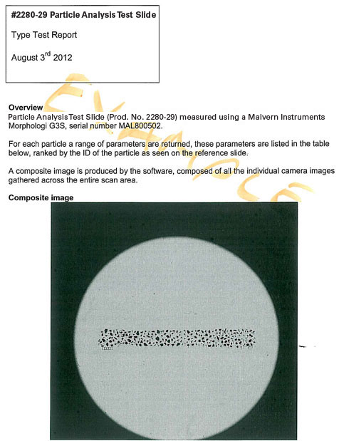 Particle Analysis Test Slide Test Certificate Example, page 1