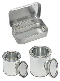 Tin Box with Hinged Lid and Tin Cans with Lids